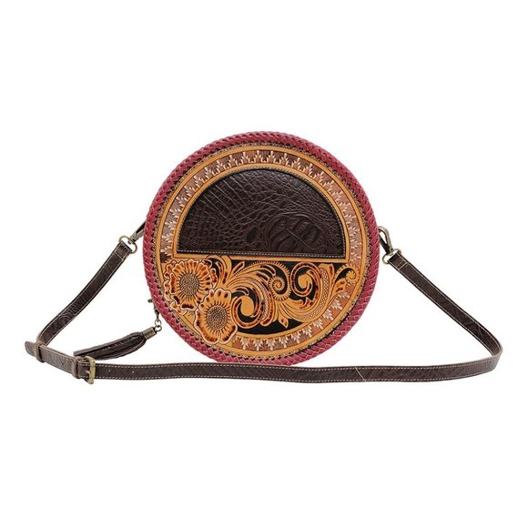 Myra Bag Handmade Coffee Round Bag Upcycled Canvas & Cowhide Leather - Picture 7 of 7